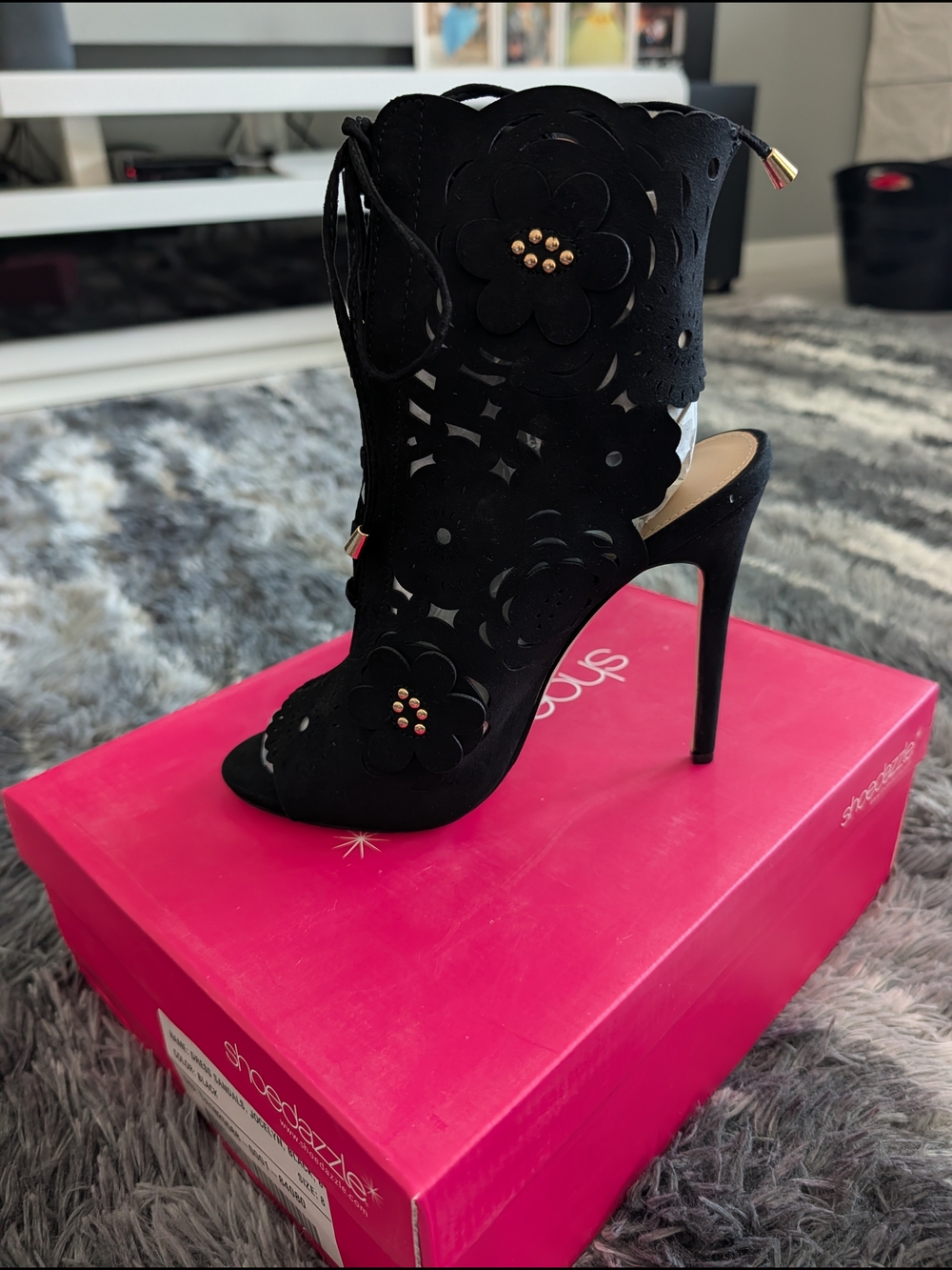 Black Floral Laser-Cut Suede Stiletto Bootie -